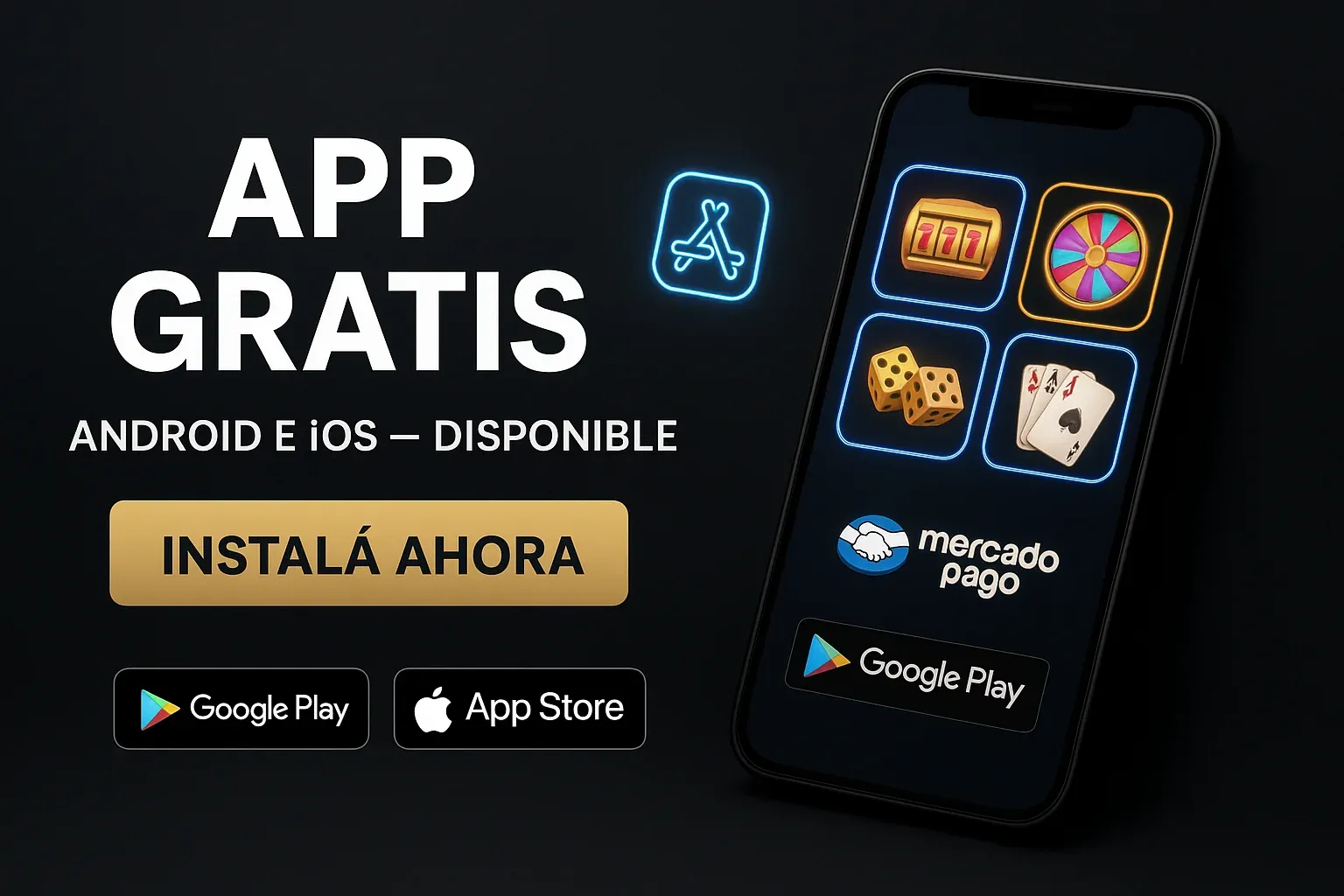 Banner publicitario con app gratis, botón Instalá Ahora y pagos Mercado Pago