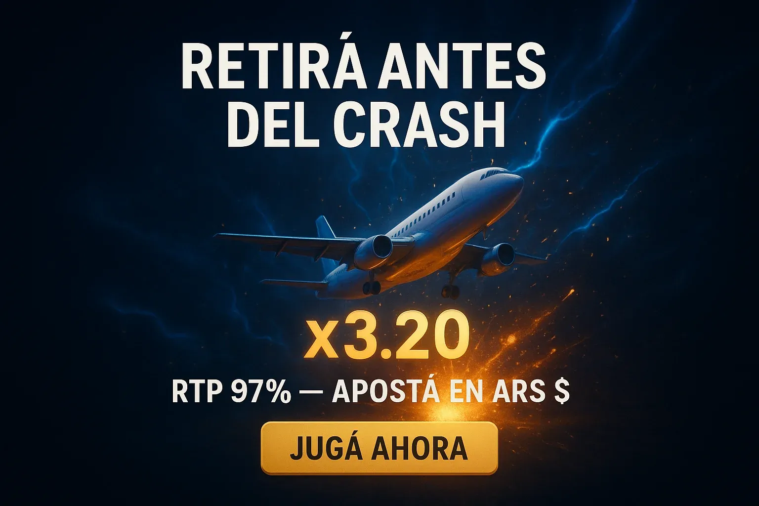 Banner Aviator con fondo oscuro, energía azul y dorada, multiplicador x3.20