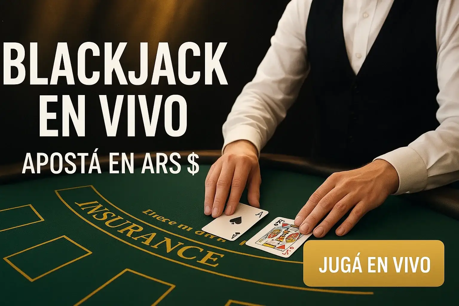 Banner de blackjack en vivo con luces doradas y botón Jugá en vivo