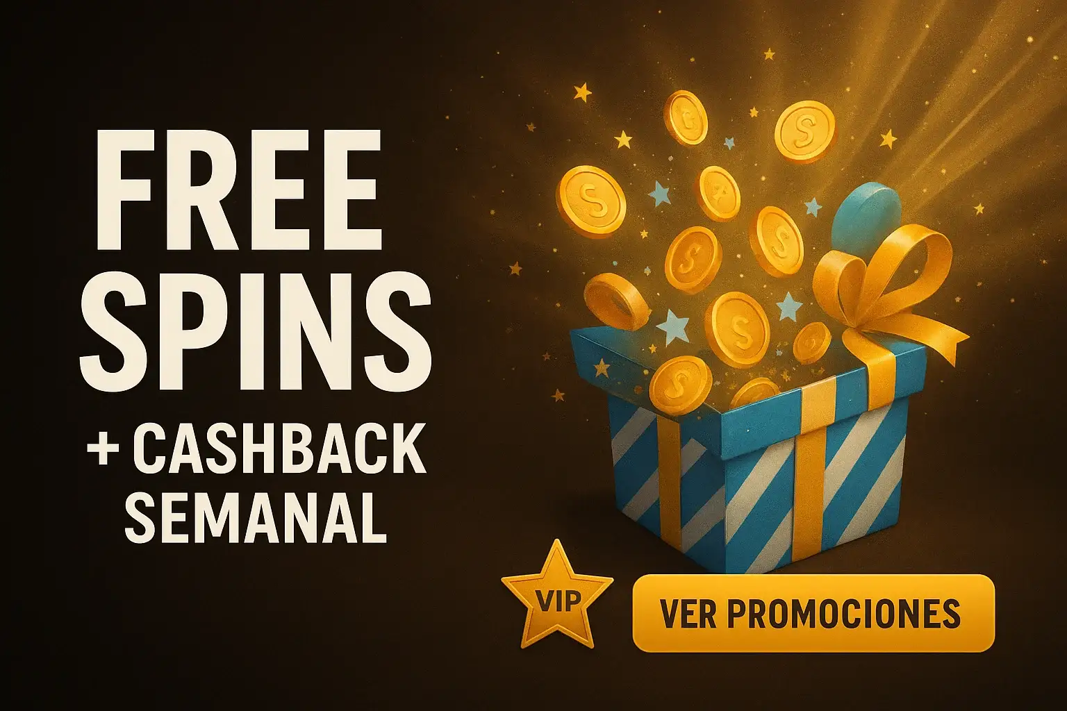Banner de promociones casino con regalo, monedas y botón Ver Promociones