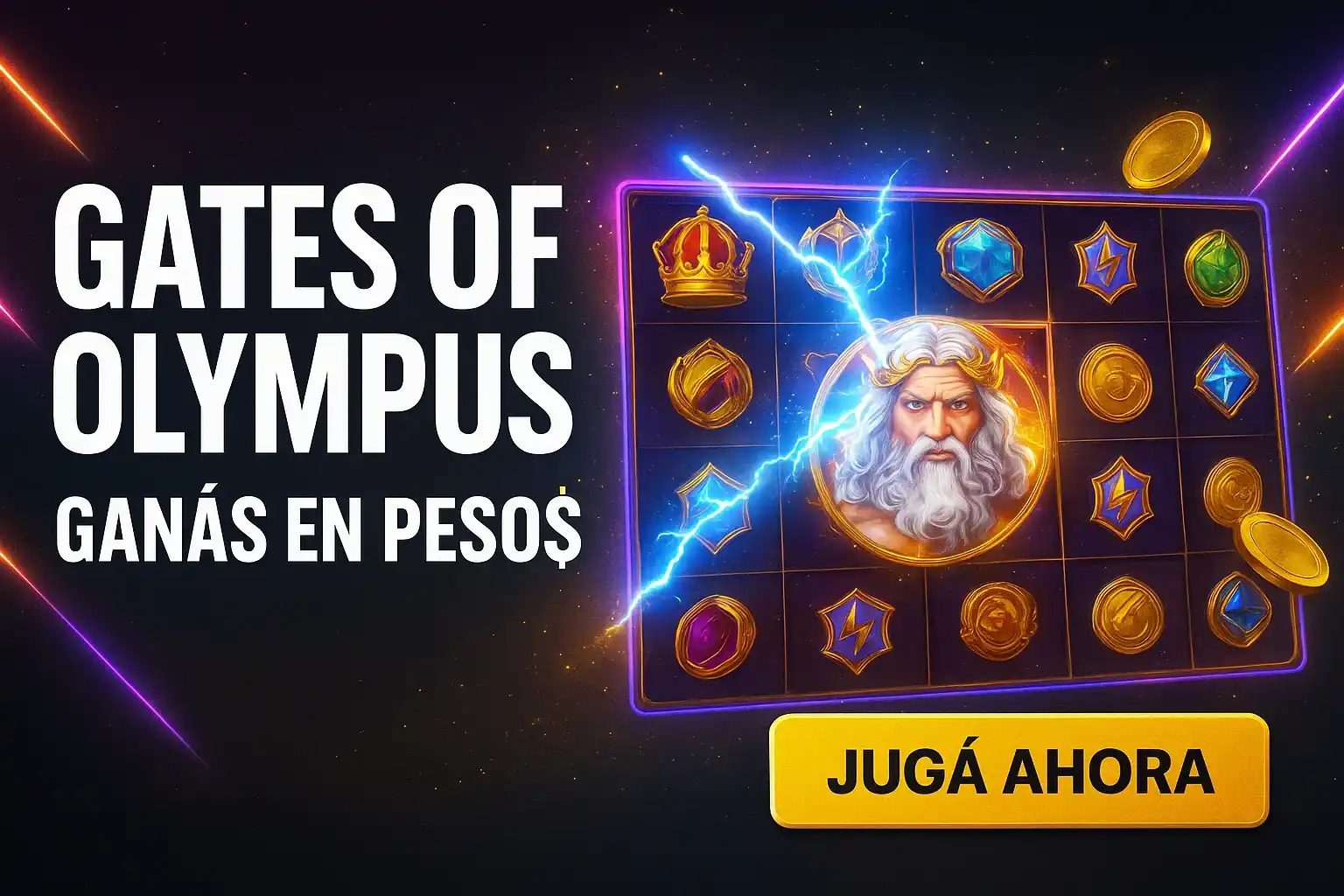 Banner de tragamonedas estilo Zeus, texto Gates of Olympus, jugá ahora